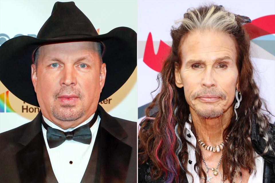 Garth Brooks attends the 43rd Annual Kennedy Center Honors at The Kennedy Center on May 21, 2021 in Washington, DC. (Photo by Paul Morigi/Getty Images); Steven Tyler attends Steven Tyler's 4th Annual GRAMMY Awards® Viewing Party benefitting Janie's Fund presented by Live Nation at Hollywood Palladium on April 03, 2022 in Los Angeles, California. (Photo by Joe Scarnici/Getty Images for Janie's Fund)