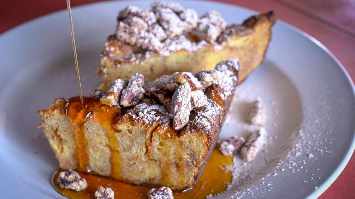 The French toast casserole at You Say Tomato comes with real maple syrup — not the fake stuff.