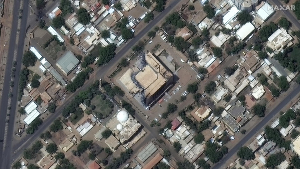 This satellite image provided by Maxar Technologies shows the damaged ministry of education and scientific research in Khartoum, Sudan, Monday April 17, 2023. The Sudanese military and a powerful paramilitary group are battling for control of the chaos-stricken nation for a third day. (Satellite image ©2023 Maxar Technologies via AP)