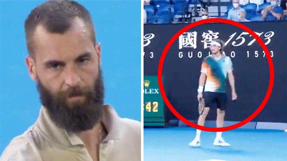 Stefanos Tsitsipas (pictured right) looking confused and (pictured left) Benoit Paire waiting for a handshake at the Aus Open.