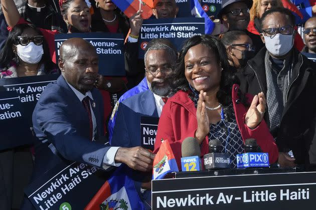 Rodneyse Bichotte Hermelyn speaks at the renaming ceremony for the Newkirk Av-Little Haiti station (Photo: Marc A. Hermann/MTA)