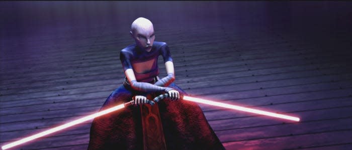 Asajj Ventress, disciple of the dark side and sworn enemy of the Jedi, prepares to fight in a thrilling moment from STAR WARS: THE CLONE WARS.