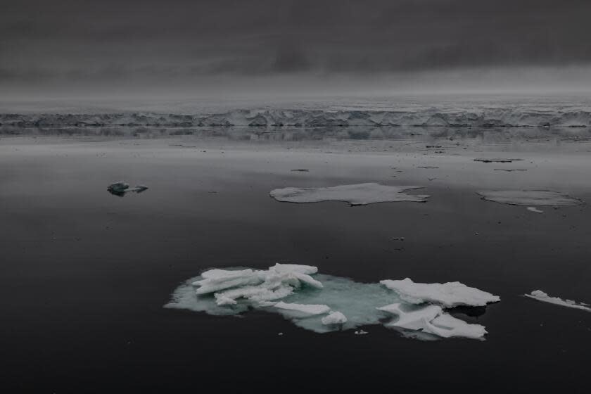 AT SEA - JULY 15: A view of the glaciers and icebergs during the 3rd National Arctic Scientific Research Expedition of Turkiye, in Kvitoya Island of Svalbard and Jan Mayen, on July 15, 2023. Scientists observed the impacts of climate change on the glaciers that melting and breaking off into the sea. Arctic scientific expedition carried out during the month of July, which was the hottest month in recorded history. According to the data of average sea ice distribution collected during the month of July in 2022 and 2023, a decrease of about 3 percent in temperatures was observed. This rate frames an amount of sea ice equivalent to around 215,000 football fields has melted and flowed into the ocean. (Photo by Sebnem Coskun/Anadolu Agency via Getty Images)