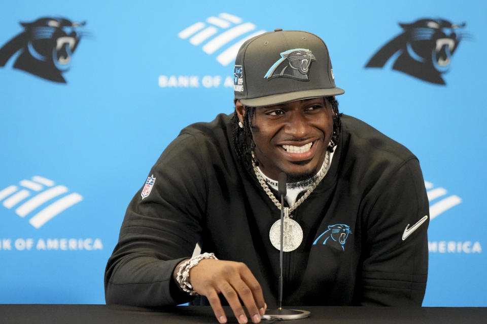 Carolina Panthers first round draft pick Xavier Legette speaks during an NFL football press conference on Friday, April 26, 2024, in Charlotte, N.C. (AP Photo/Chris Carlson)