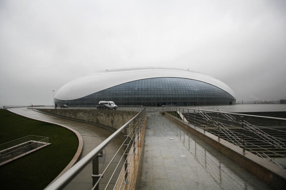 FOR STORY RUSSIA SOCHI YEAR TO GO - In this photo dated Wednesday, Jan. 30, 2013, the outside view of the Bolshoy ice dome, main ice hockey arena, at the Russian Black Sea resort of Sochi The Olympic stadium is seen under construction at the Russian Black Sea resort of Sochi, with just one year till the opening ceremony of the winter Olympic 2014 Sochi Games. The Black Sea resort of Sochi is a vast construction site sprawling for nearly 40 kilometers (25 miles) along the coast and 50 kilometers (30 miles) up into the mountains, with no escape from the clang and clatter of the construction works, the drilling, jack-hammering and mixing of cement. (AP Photo/Igor Yakunin)