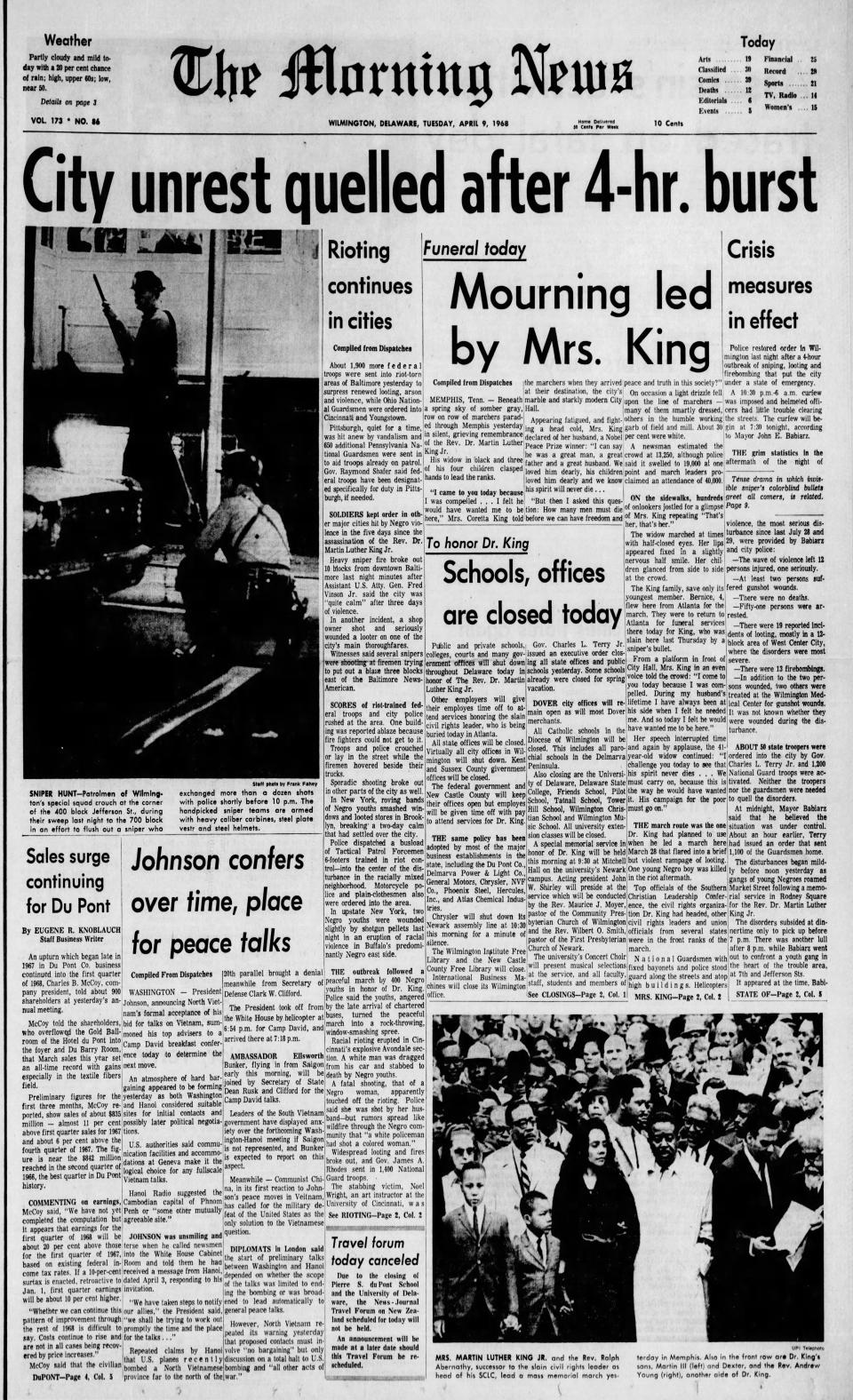 Front page of The Morning News from April 9, 1968.