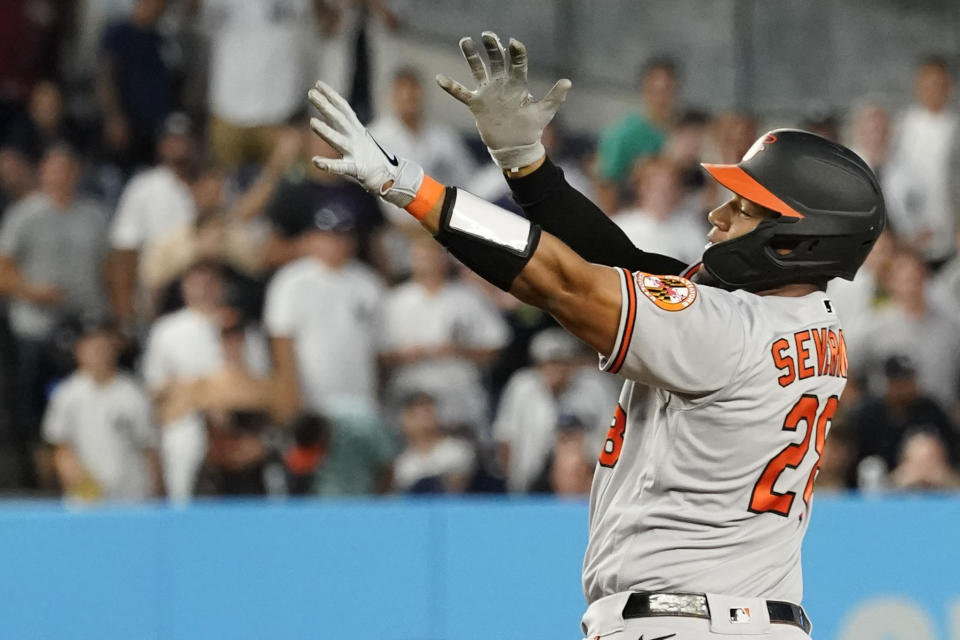 Baltimore Orioles' Pedro Severino reacts from second base after hitting a double in the fourth inning of a baseball game against the New York Yankees, Monday, Aug. 2, 2021, in New York. (AP Photo/Mary Altaffer)