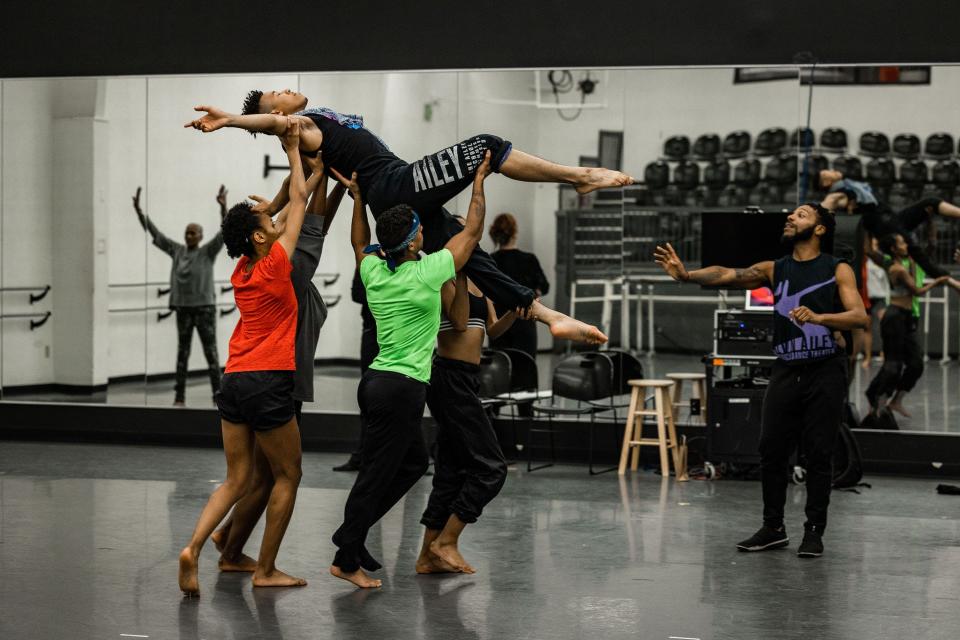 Guest choreographer Shabaz Ujima and company dancers in rehearsals for Anthology