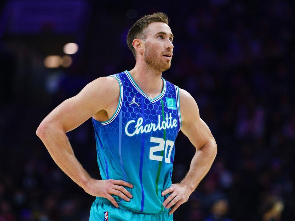 Gordon Hayward puts his hands on his hips and looks up during a game.