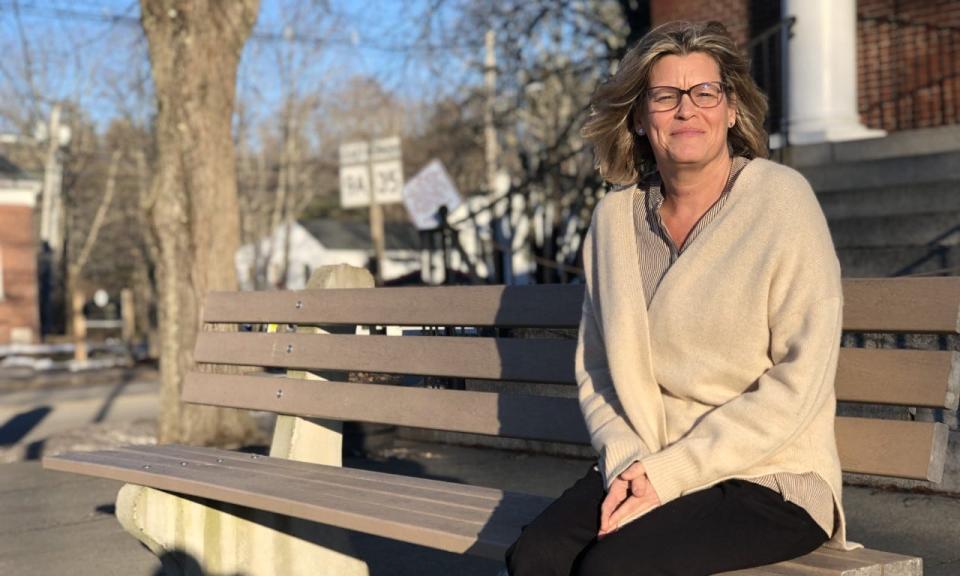 Heather Balser, the new town manager in Kennebunk, Maine, is seen here in front of the Kennebunk Town Hall during her third day on the job on Wednesday, Feb. 8, 2022.