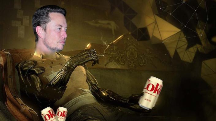 Elon Musk as a Deus Ex character, holding Diet Coke cans.