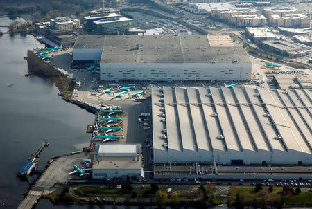 FILE PHOTO: An aerial photo shows Boeing 737 MAX airplanes parked on the tarmac at the Boeing Factory in Renton, Washington, U.S. March 21, 2019. REUTERS/Lindsey Wasson