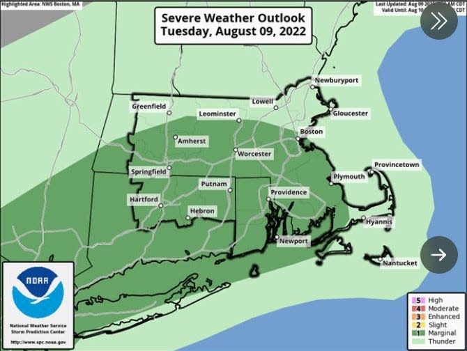 The region could see severe thunderstorms Tuesday, according to the National Weather Service.