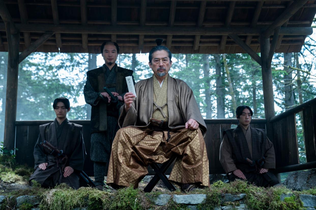 R-L: Yoshii Toranaga (Hiroyuki Sanada) delivers judgment on the finale of "Shogun" as Kashigi Omi (Hiroto Kanai) looks on.