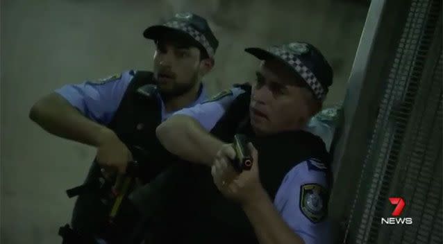 Police were armed with plastic guns during the simulation. Picture: 7 News