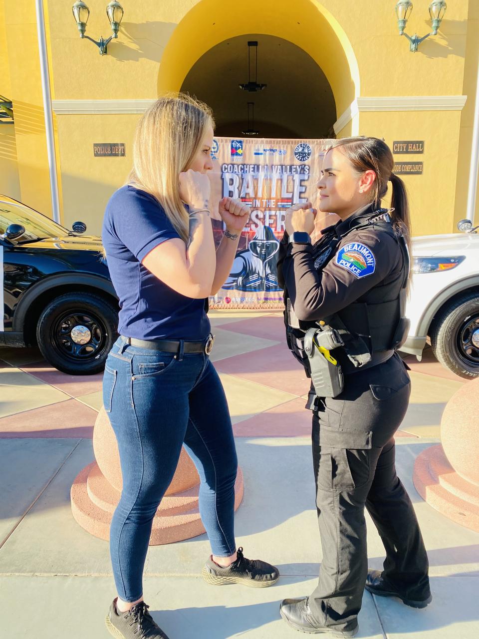 Palm Springs police dispatcher Samantha De La Cruz, left, and Beaumont police Officer Jessica Segovia will spar in a Battle in the Desert boxing match on Oct. 1.