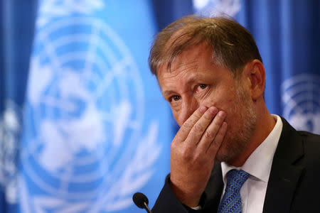 Jan Jarab, the UN High Commissioner for Human Rights in Mexico, gestures during a news conference for the delivery of a UN report about the case of the 43 Ayotzinapa College Raul Isidro Burgos students in 2014, in Mexico City, Mexico March 15, 2018. REUTERS/Edgard Garrido