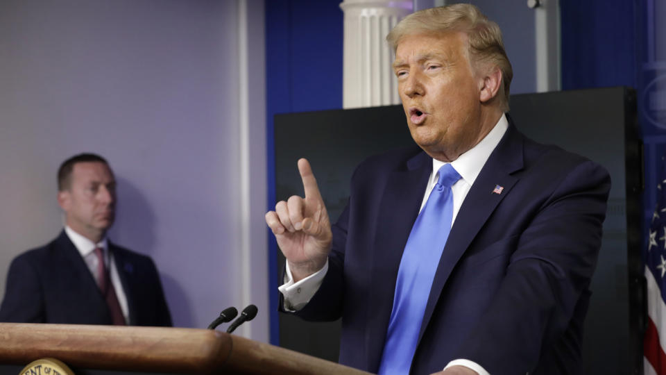 U.S. President Donald Trump speaks during a news conference in the James S. Brady Press Briefing Room at the White House in Washington, D.C., U.S., on Wednesday, Sept. 23, 2020. (Yuri Gripas/Abaca/Bloomberg via Getty Images)