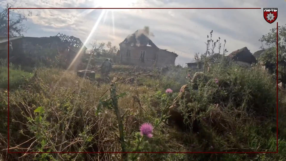 A few soldiers appear to approach partially demolished buildings beyond a field of wildflowers.