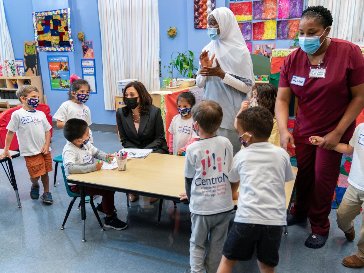 Vice President Kamala Harris joins bilingual early childhood education school pupils on Friday, June 11, 2021 in northwest Washington.  (AP)