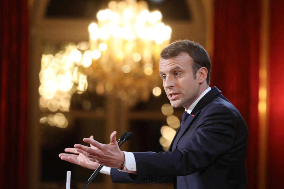 French President Emmanuel Macron delivers his New Year speech to members of the press at the Elysee Palace in Paris on January 3, 2018. (Photo: Reuters)