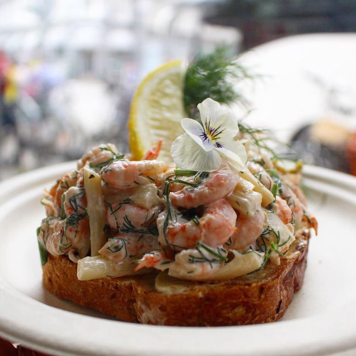 Shrimp and Pasta on Bread, Torvehallerne, Copenhagen, Denmark