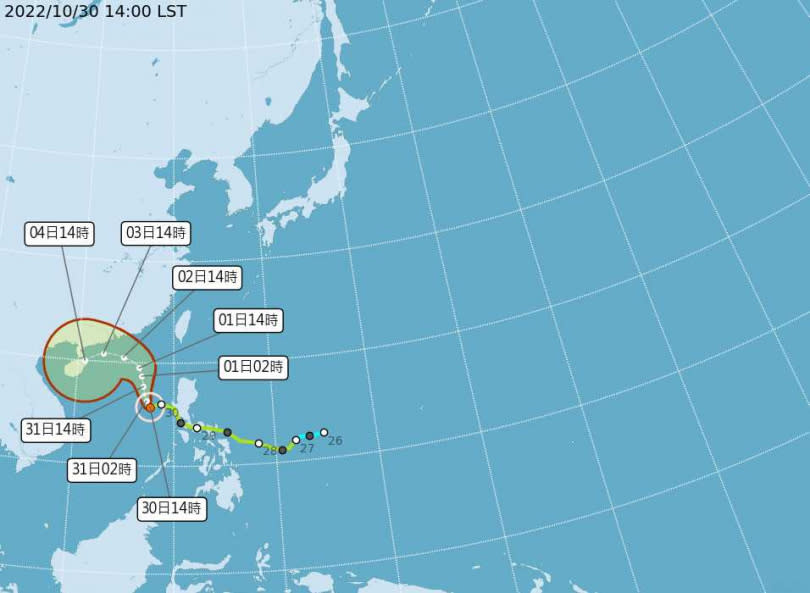 奈格颱風路徑雖然不會直撲台灣，但共伴效應將帶來豪雨。（圖／氣象局提供）