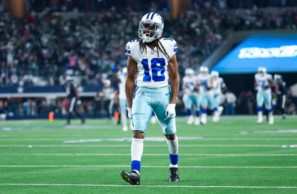 Dec 24, 2022; Arlington, Texas, USA;  Dallas Cowboys wide receiver T.Y. Hilton (16) reacts after making a catch during the second half against the Philadelphia Eagles at AT&T Stadium. Mandatory Credit: Kevin Jairaj-USA TODAY Sports