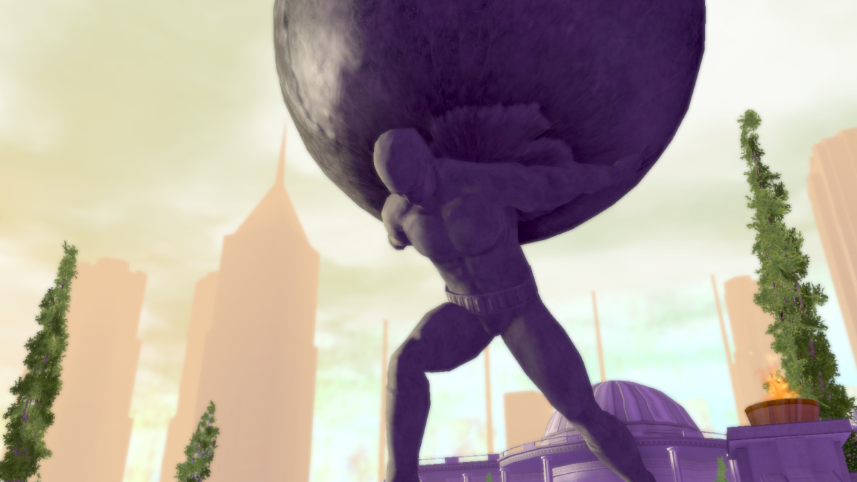  Atlas holds up the globe upon his shoulders in Atlas Park, a zone in City of Heroes. 