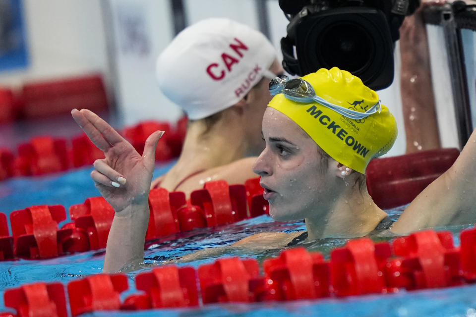 Kaylee Mckeown, of Australia, celebrates after winning the gold medal in the women's 200-meter backstroke final at the 2020 Summer Olympics, Saturday, July 31, 2021, in Tokyo, Japan. (AP Photo/David Goldman)