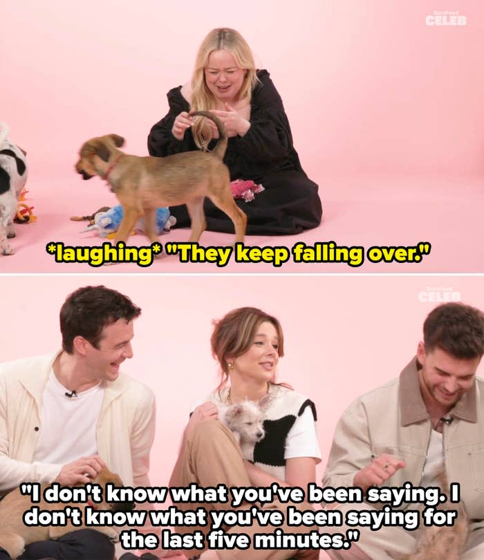 Nicola Coughlan, Luke Thompson, Claudia Jessie, and Luke Newton sitting on the floor, playing with puppies