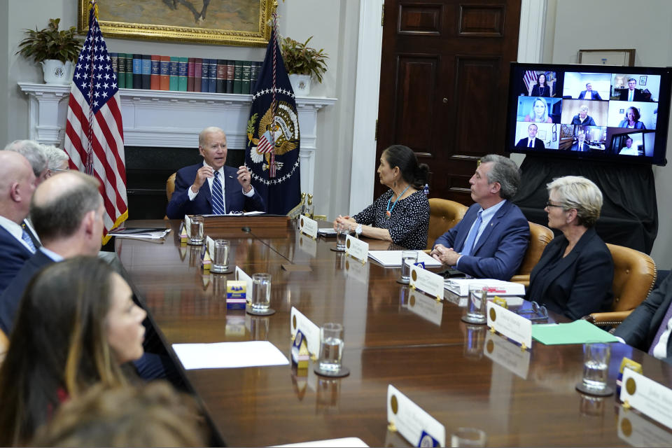 President Joe Biden speaks during a meeting in the Roosevelt Room of the White House in Washington, Thursday, June 23, 2022, with governors, labor leaders, and private companies launching the Federal-State Offshore Wind Implementation Partnership. The new partnership focuses on boosting the offshore wind industry. (AP Photo/Susan Walsh)