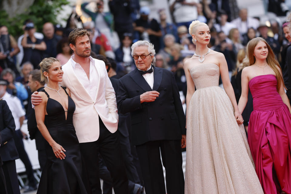 Elsa Pataky, from left, Chris Hemsworth, director George Miller, Anya Taylor-Joy, and Alyla Browne pose for photographers upon arrival at the premiere of the film 'Furiosa: A Mad Max Saga' at the 77th international film festival, Cannes, southern France, Wednesday, May 15, 2024. (Photo by Vianney Le Caer/Invision/AP)