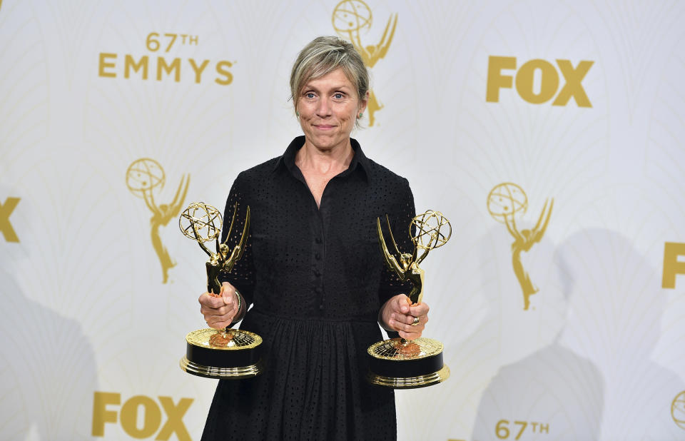 FILE - Francis McDormand, winner of the awards for outstanding lead actress in a limited series and for outstanding limited series for "Olive Kitteridge", poses in the press room at the 67th Primetime Emmy Awards on Sept. 20, 2015. McDormand turns 64 on June 23. (Photo by Jordan Strauss/Invision/AP, File)