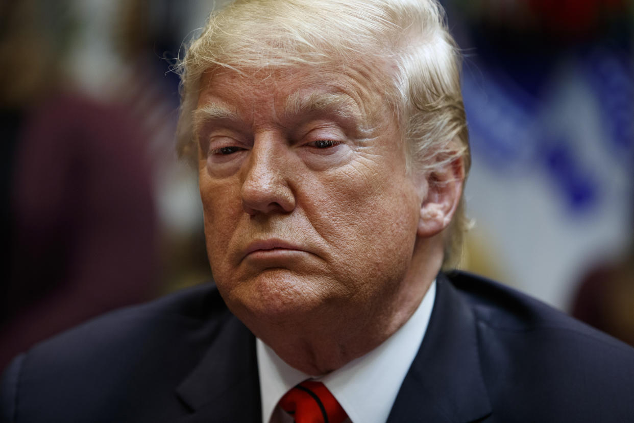 President Donald Trump pauses as he speaks with astronauts Jessica Meir and Christina Koch as they conduct the first all-female spacewalk, from the Roosevelt Room of the White House, Oct. 18, 2019, in Washington. (Photo: Evan Vucci/AP)