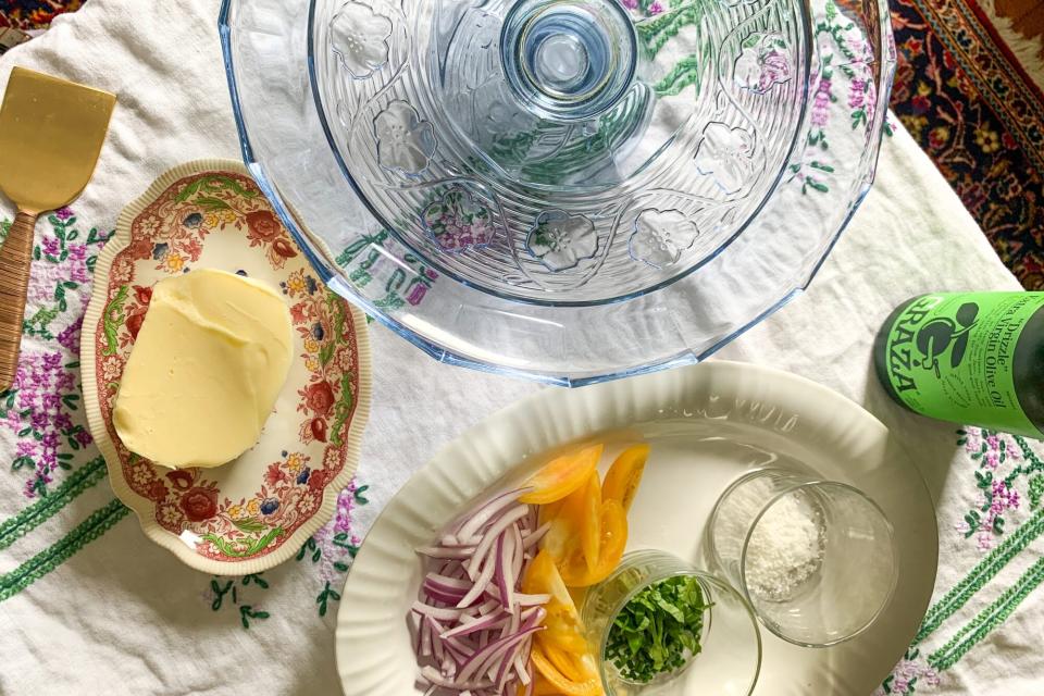 blue cake stand with ingredients