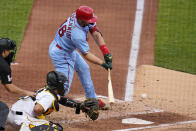 St. Louis Cardinals' Paul Goldschmidt (46) doubles off Pittsburgh Pirates starting pitcher Jose Quintana, driving in two runs, during the second inning of a baseball game in Pittsburgh, Saturday, May 21, 2022. (AP Photo/Gene J. Puskar)