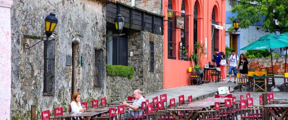 COLONIA, URUGUAY - DECEMBER 7: Street cafe on December 7, 2014 in Colonia del Sacramento, Uruguay. Colonia del Sacramento is one of the oldest towns in Uruguay.