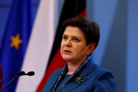 FILE PHOTO: Polish Prime minister Beata Szydlo speaks during a press conference with German Chancellor Angela Merkel in Warsaw, Poland February 7, 2017. REUTERS/Kacper Pempel/Files