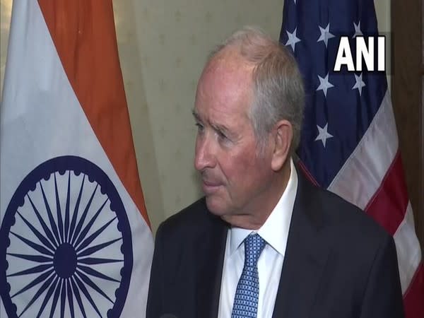 Blackstone CEO Stephen Schwarzman talking to reporters after meeting Prime Minister Narendra Modi.