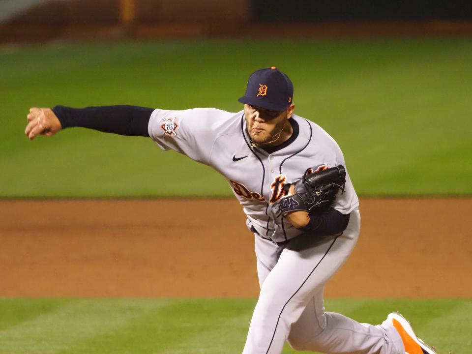 Detroit Tigers reliever Joe Jimenez pitches against the Oakland Athletics during the sixth inning at RingCentral Coliseum, April 15, 2021.