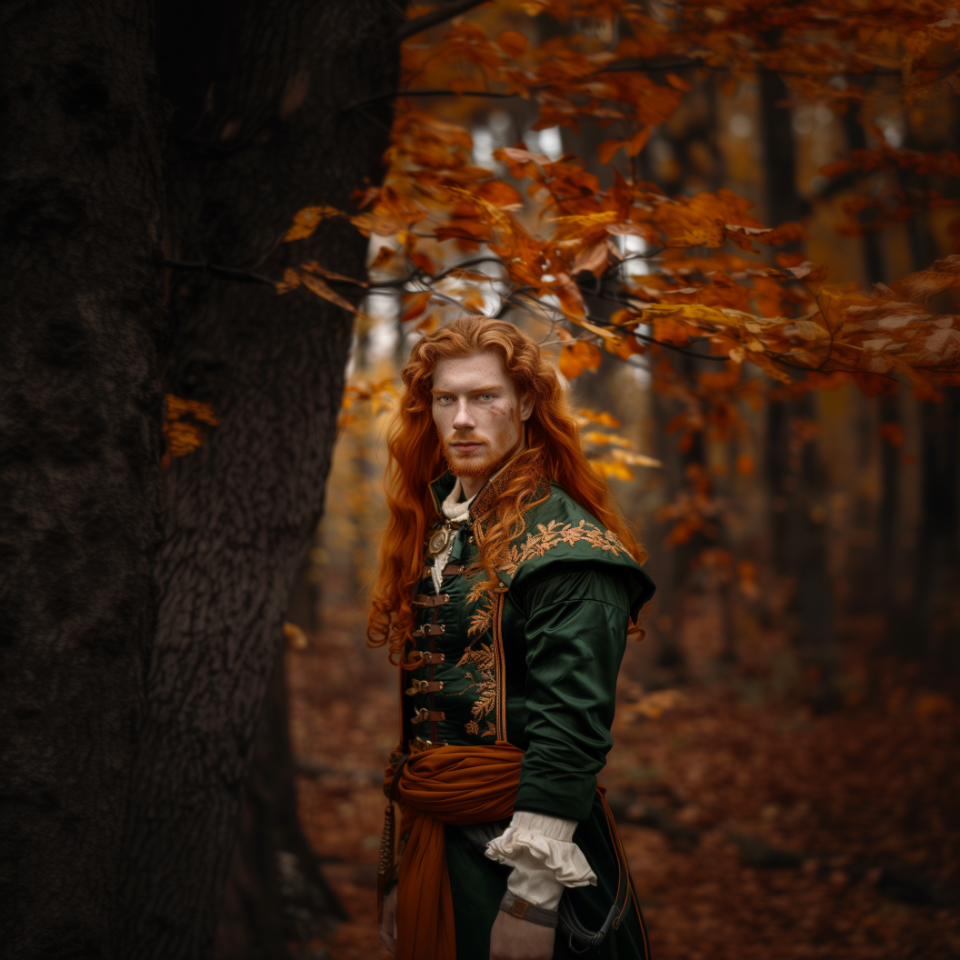Person in elaborate historical costume standing in autumnal forest