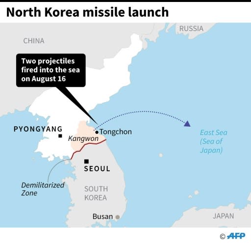 Map showing Kangwon Province in North Korea from where two projectiles were fired into the East Sea, or the Sea of Japan, on Friday