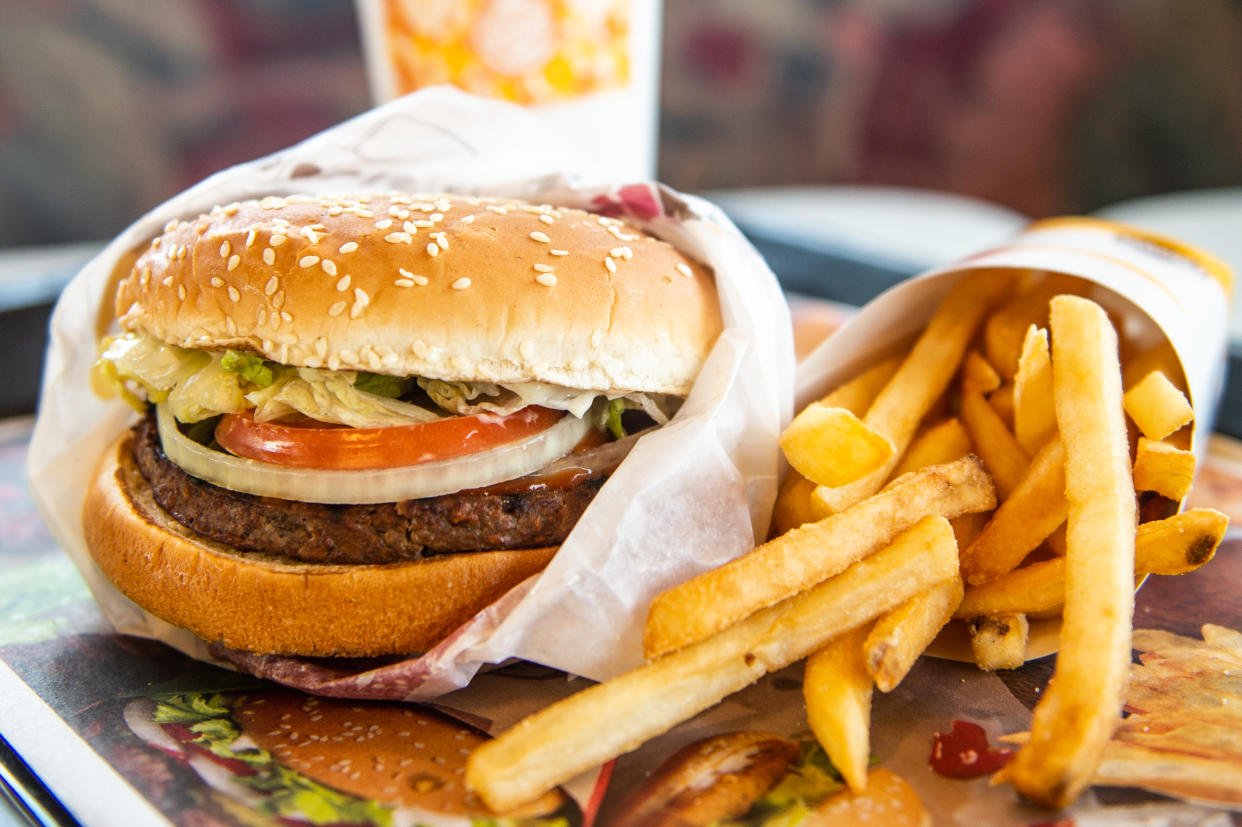 RICHMOND HEIGHTS, MO - APRIL 01: In this photo illustration, an 'Impossible Whopper' sits on a table at a Burger King restaurant on April 1, 2019 in Richmond Heights, Missouri. Burger King announced on Monday that it is testing out Impossible Whoppers, made with plant-based patties from Impossible Foods, in 59 locations in and around St. Louis area. (Photo Illustration by Michael Thomas/Getty Images)