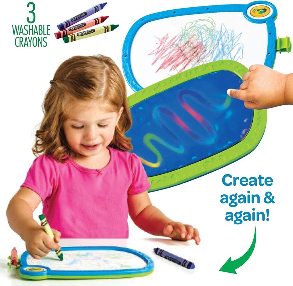 With a wipe-off surface on one side and a sealed-in gel side for finger painting, this kid's tablet by Crayola will be in your daily rotation. Use washable crayons on the white side or hands on the gel for hours of creative play. This is safe for kids ages two and up.Promising review: 