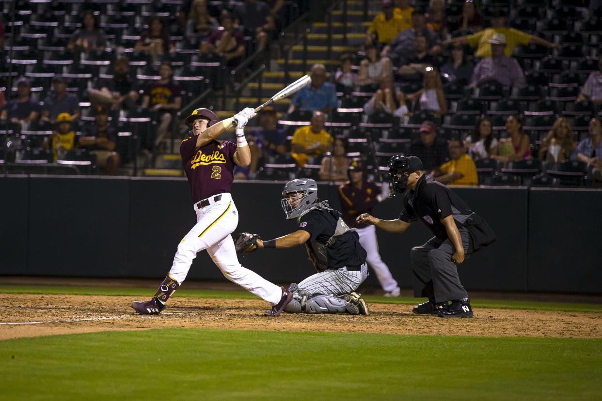 ASU's Sean McLain bats during a home game against UNLV held at Phoenix Municipal Stadium on Apr. 26, 2022.