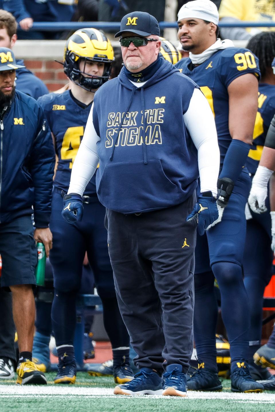 Blue Team coach Wink Martindale watches a play during the second half of the spring game at Michigan Stadium in Ann Arbor on Saturday, April 20, 2024.