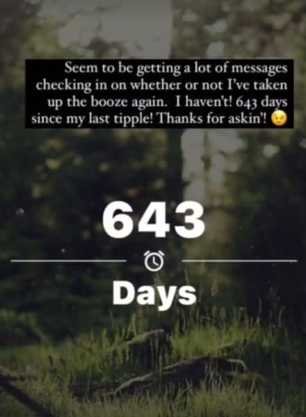 Screenshot of Chrissie Swan's instagram story showing she has been 643 days sober