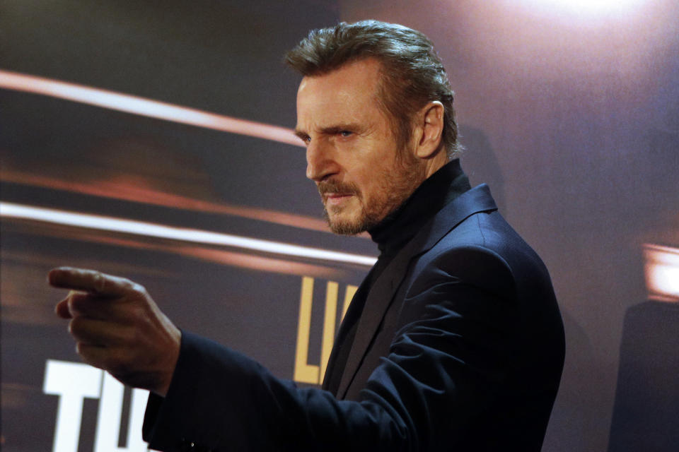 Liam Neeson attends the France's premiere of 'The Commuter', in Paris, Tuesday, Jan. 16, 2018. The title of the french version is 'The Passenger'. (AP Photo/Francois Mori)