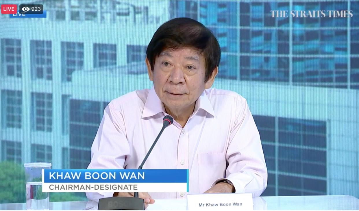 Singapore Press Holdings Media chairman-designate Khaw Boon Wan addresses reporters on Wednesday, 12 May 2021. (SCREENGRAB: The Straits Times)